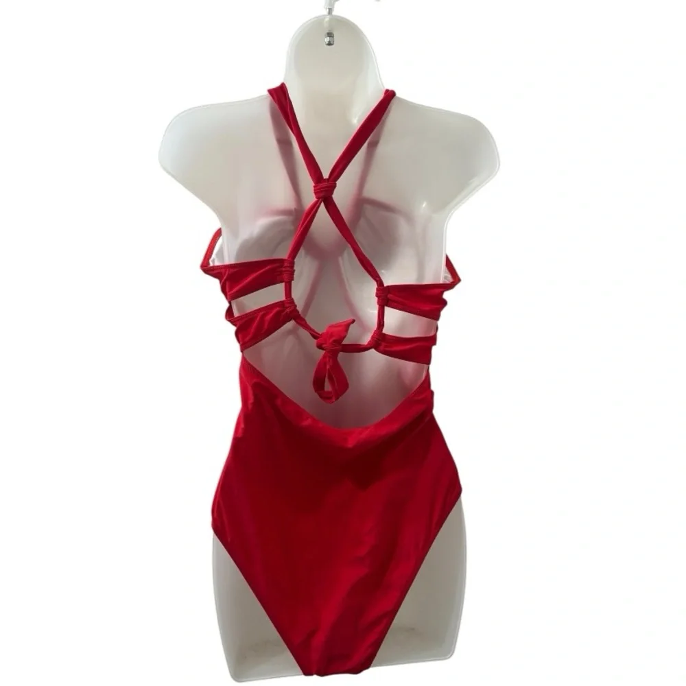 Bright Red One Piece Cut Out Swimsuit - Picture 2 of 4